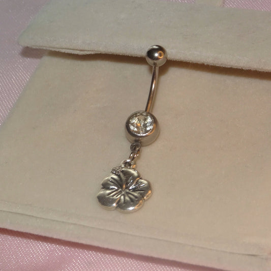 Silver Hibiscus flower Belly Piercing Bar